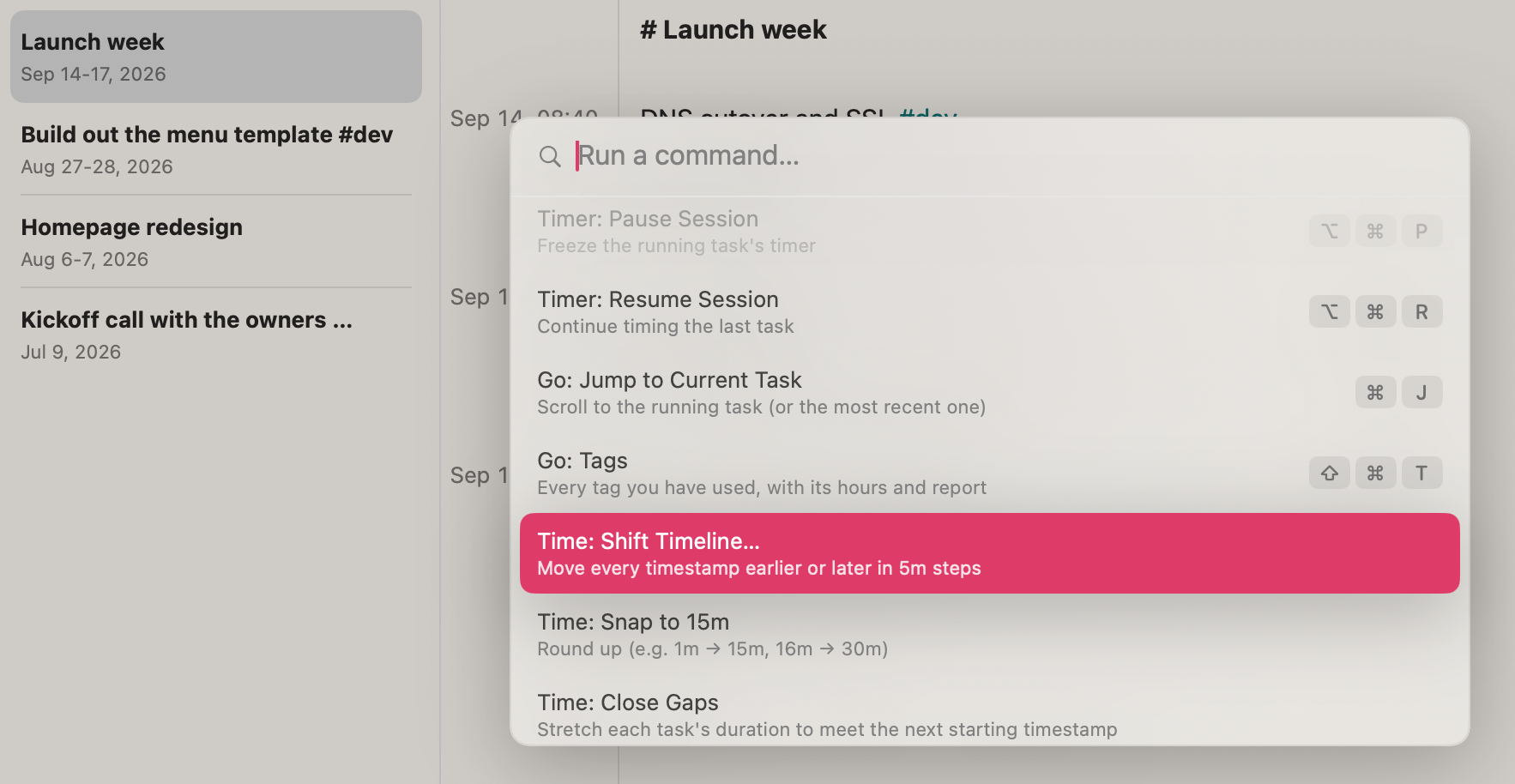 Strimu's command palette open over a session, with the Time: Shift Timeline command selected to move every timestamp earlier or later in 5 minute steps